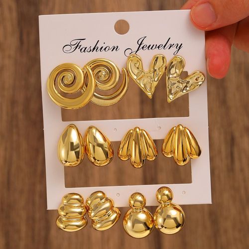 6 Pairs Vintage Punk Geometric Stud Earrings Set for Women - Gold