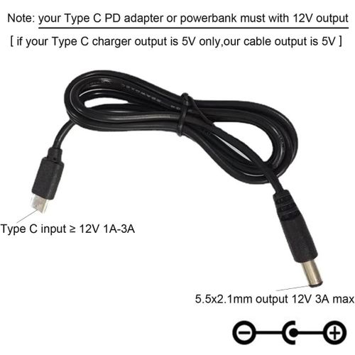 USB Type-c PD to 12v DC Adapter Cable 3A Fast Charging Cord