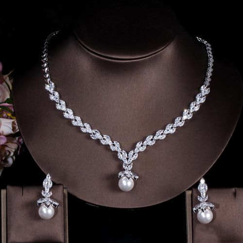Dazzling Leaf Zircon Pearl Necklace Earrings Women Wedding Jewelry Set