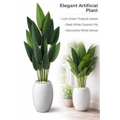 ARTIFICIAL GREEN PLANT WITH CERAMIC POT AND DECORATIVE WHITE STONE