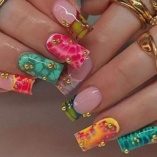 24Pcs Medium Square Multicolor Blotched Leopard Print Gold Bead Trendy Y2K Style Press On Nails