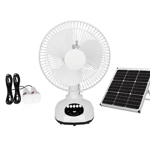 Solar Table Fan with Panel and Bulbs - Rechargeable Solar Home Light Kit