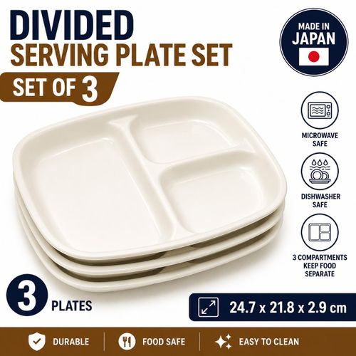 Divided Serving Plate Set of 3 - 3 Compartments Food Tray, Microwave & Dishwasher Safe - Made in Japan