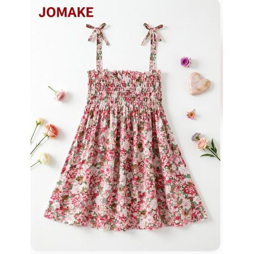 1-7 Years Girls' Strappy Dress，Pink Floral Print
