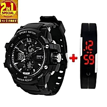 Multifunction Chronograph Analog + Digital Sports Watch + Free Wristband- Black