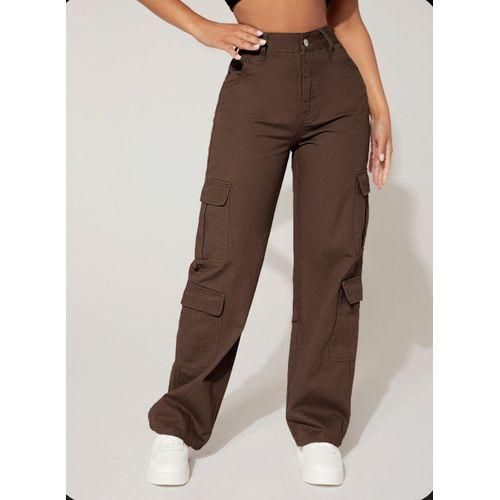 Dark Chocolate Solid Cargo Pant With Free Scrunchies