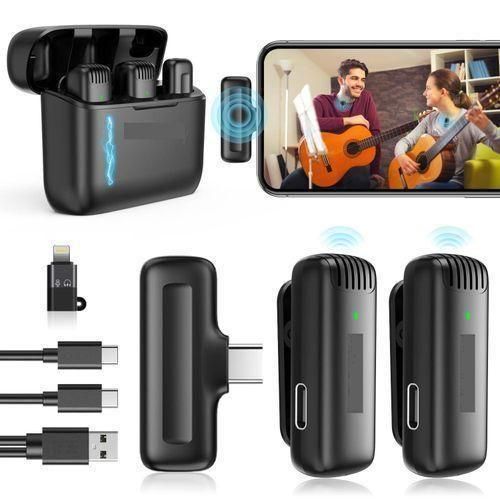 J13 Wireless Microphone, Noise Reduction Collar Mic with Charging Case, Wireless Mic for Video Recording, YouTube, Facebook, Live Stream for Type C Android & iPhone (Dual Reciver Universal