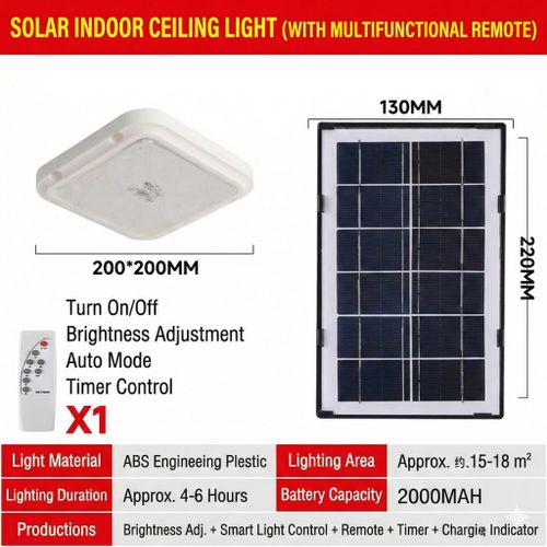 Smart Solar Indoor Ceiling Light - 200mm Square, Multifunctional Remote, 2000mAh Battery, Includes 5-Meter Extension Cable - Suitable for Bedrooms, Balconies, and Hallways