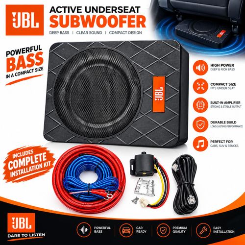 JBL Pure Bass Pro Compact Underseat Subwoofer – Built-In Amplifier, Deep Bass Car Audio System