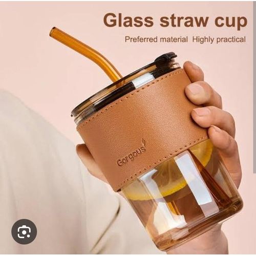 300ml SUB Glass Cup With Glass Straw And Leather Cover-Brown
