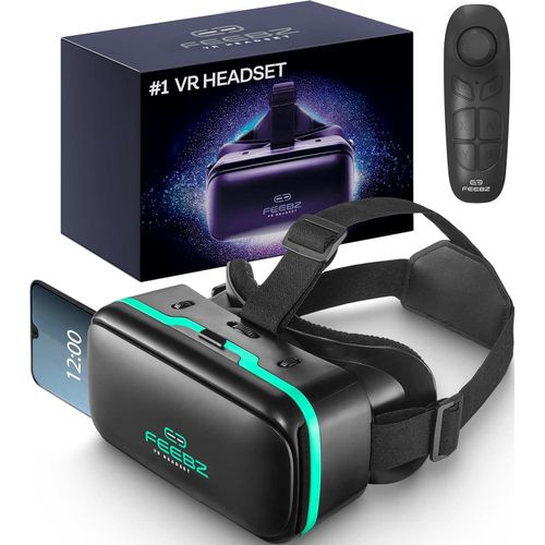 FEEBZ Pro-Gamer VR System: 360° Virtual Reality Headset + Wireless Android Controller – Cyan Edition