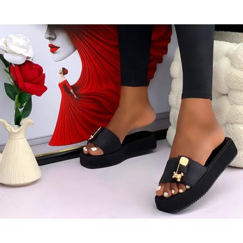 Women's Platform Slide Sandal with Gold side design - Black