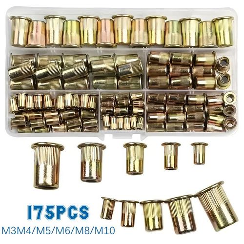 175-piece boxed fastener and rivet nut set, M3–M10, colour-coated zinc