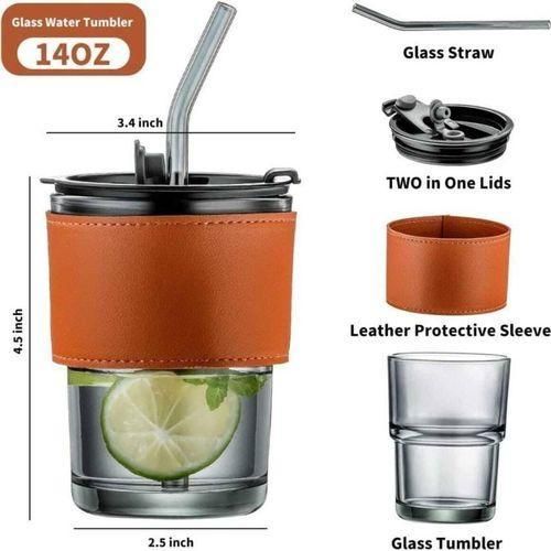 350ML LEATHER GRIP THICKENED GLASS STRAW CUP