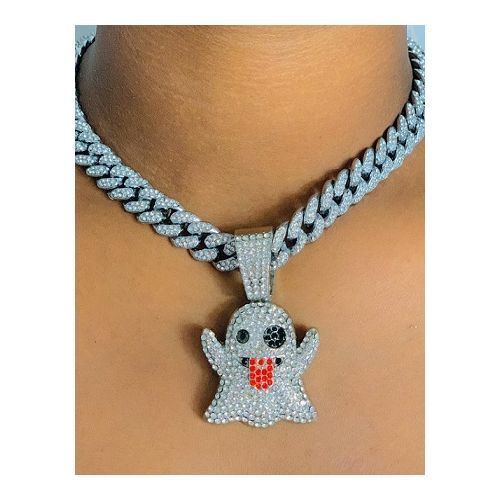 Iced Out Cuban Link Choker With Clown Pendant Silver