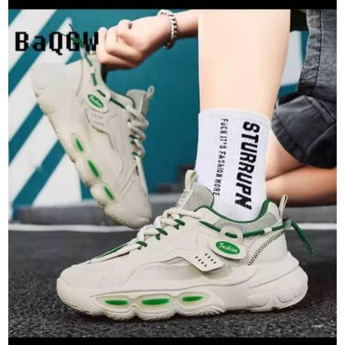 Men's Layered Sport Platform Sneakers - Off-White & Green Accented Casual Walking Shoes