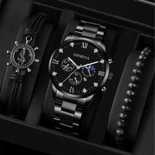 Men Watch Versatile Business Belt Quartz Watch Bracelet Set