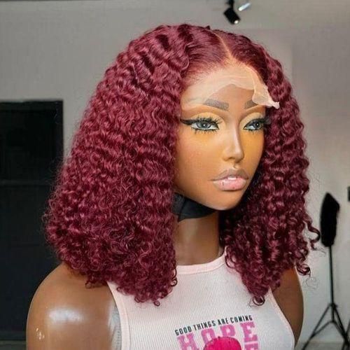 Curly Deep Wave 13x6 Lace Front Wig 99J Colored Short Cut Bob 13x4 Transparent Frontal Wig