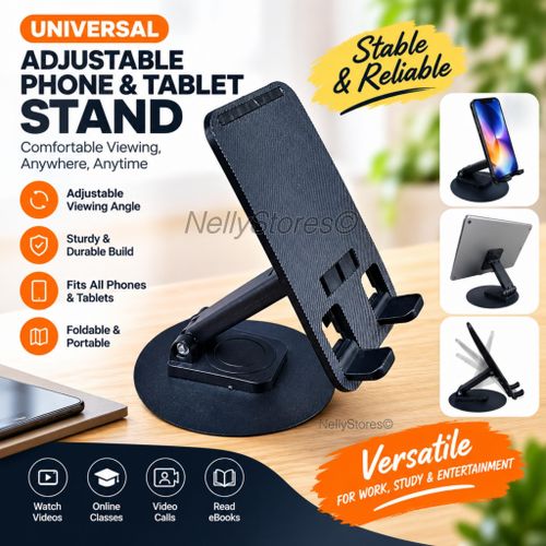 Universal Adjustable Phone & Tablet Stand , Foldable Desk Holder with 360° Rotation & Multi-Angle Viewing