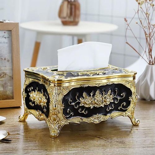 Luxury Vintage European Style Tissue Box Cover - Golden Embossed Rose Decorative Facial Tissue Holder Dispenser for Living Room, Dining Table & Office