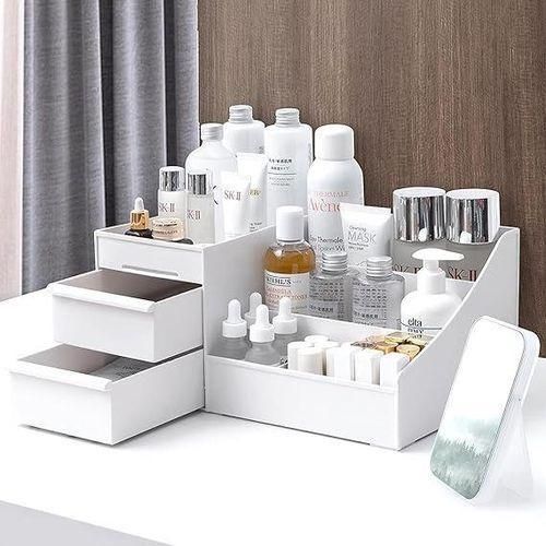 Portable Display Lipstick Holder Cosmetic Make Up Brush Eyeliner Mascara Box Makeup Organizer With Drawers Countertop Organizer for Cosmetics, Vanity Holder for Lipstick, Brushes, Lotions, Eyeshadow, and Jewelry (White)