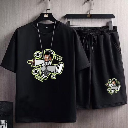 2 in 1 Men's Casual Breathable Short Sleeve Round Neck T-Shirt+short -Black