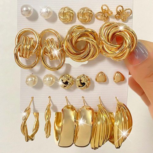 12Pcs alloy Gold Earrings Set 6 Studs + 6 Hoops