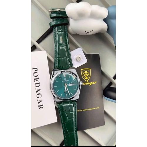 Long Lasting / Non Fading Sophisticated Chronograph Diamond Green Leather Wristwatch