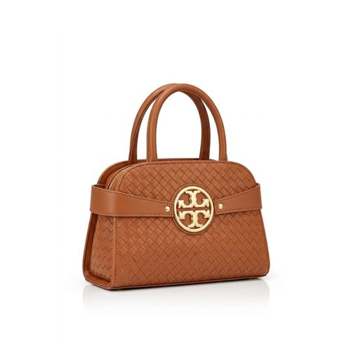 Chic Tan Woven Satchel Handbag with Gold-Tone