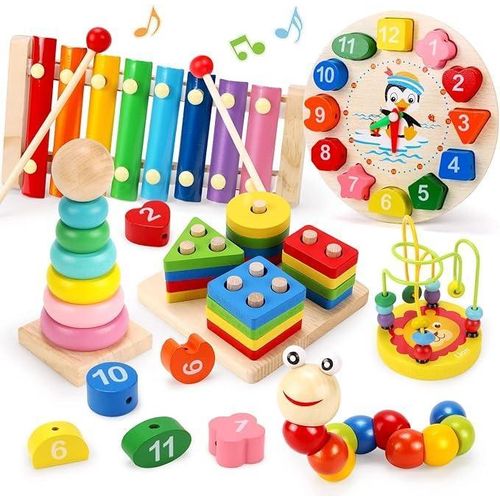 6-piece early childhood education toy set (piano + clock + rainbow tower + caterpillar + bead maze + tangram)