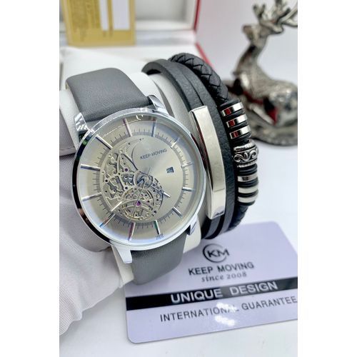 Classic Quality Non Rusting Leather Wristwatch + Bracelet Set