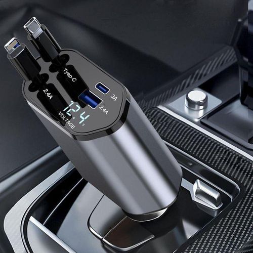 100W Type-C 4-in-1 Retractable Car Charger with USB Ports & Voltage Display