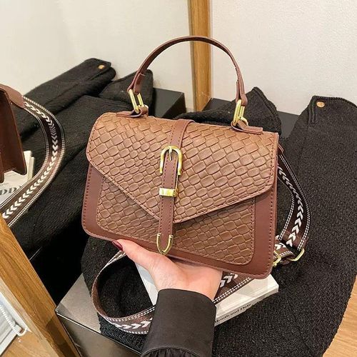 premium woven textured front flap design quality bag for ladies- brown