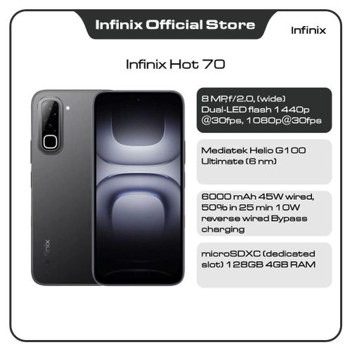 Hot 70, 6.78, 120Hz IPS Display, MediaTek Helio G100 Ultimate Processor And Massive 6,000mAh Battery With 45W Fast Charging, 128gb Rom 4gb Ram, Night Pulse