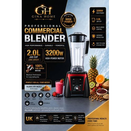 Gina Home 3200W High-Power Commercial Blender with 2.0L Large Capacity Jar & Stainless Steel Blades