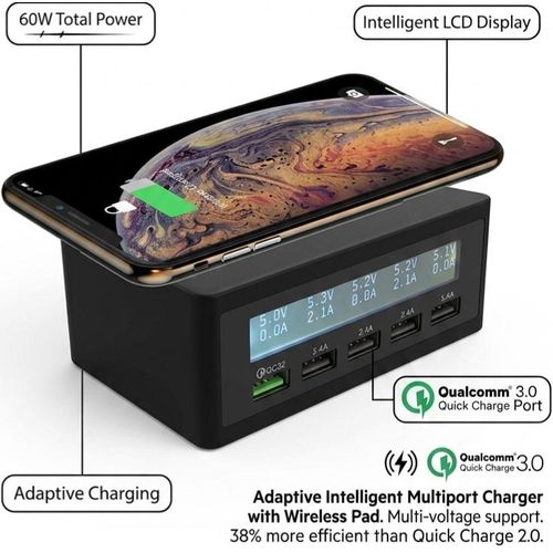 60w Qi Wireless Charging Multi-Port USB Wireless Fast Charging Station Hub, Smart LCD Display Desktop Charger with Qualcomm Quick Charge 3.0 and Type-C Port for iPhones, Samsung, Xiaomi, Huawei,Smartphones & Tablets