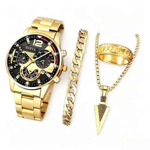 4Pcs Men's Gold Jewelry Set - Geneva Watch + Bracelet + Ring + Arrow Necklace, Luxury Gift