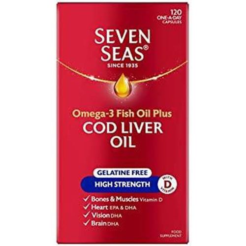 Omega-3 Fish Oil Plus Cod Liver Oil (120 One-A-Day Capsules) – Gelatine Free High Strength Supplement with Vitamin D