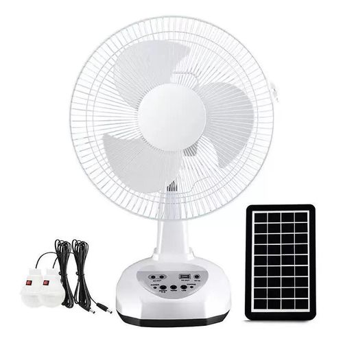 12-Inch Rechargeable Solar Fan with LED Night Light, USB Phone Charging & 2 LED Bulbs