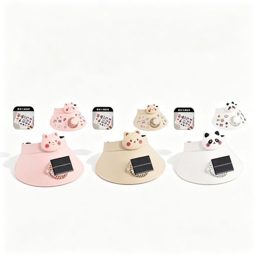 Children's cartoon solar-powered fan sun hat. A wide-brimmed, open-top hat featuring a small fan, suitable for outdoor summer use by children. Colors shipped at random.