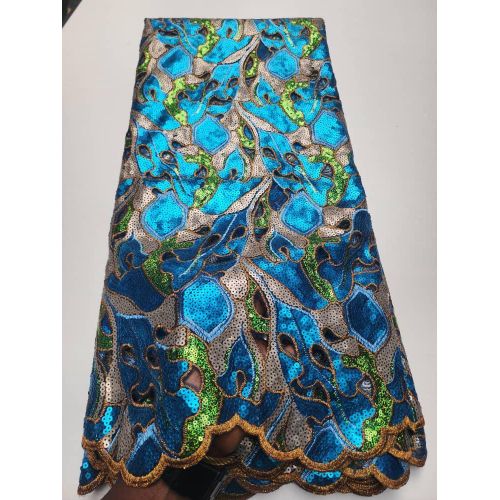 Embroidered Sequin Lace Fabric – Turquoise Blue Green and Gold Abstract Pattern with Scalloped Border for Asoebi