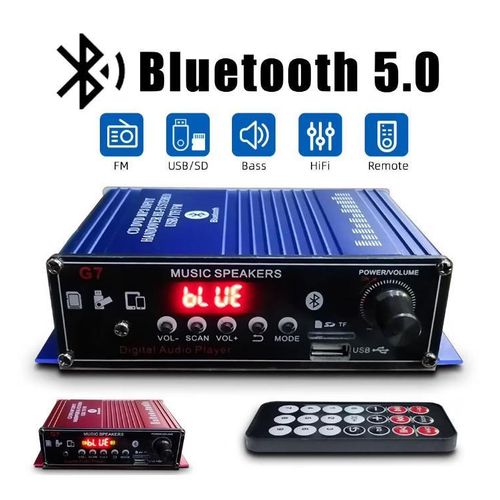 400W Hi-Fi Bluetooth 5.0 Digital Power Amplifier, Home and Car Use, with Card, USB and Radio Functionality – Blue