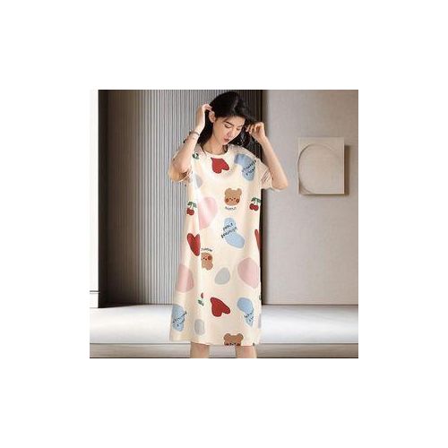 Cartoon Print Casual Nightdress Long Sleepwear Round Neck Night Gown