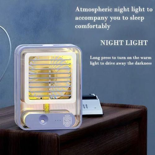 Rechargeable Battery-Operated Medium USB Fan with Mist Water Spray, LED Light, and Personal Mini AC Air Cooler – Perfect for Office, Kitchen & Desk Use