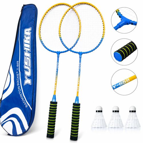 A badminton racket set (including 2 rackets + 3 shuttlecocks + storage bag) features a lightweight, durable, detachable double-lever frame, suitable for training, leisure, and competition.