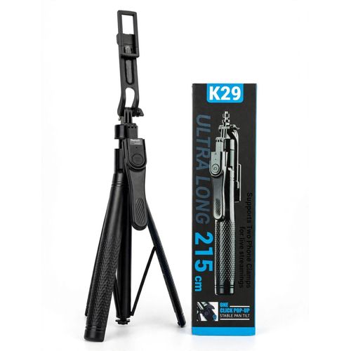 Unique K29 Ultra Long 215cm Selfie Stick Tripod Stand With Bluetooth Remote - 4 In 1 Extendable Tripod For Phone - Supports Two Phone Clamps For Live Streaming - One Click Pop-Up Stable Pan Tilt - Tripod For TikTok, YouTube, Vlogging, Selfie - Black