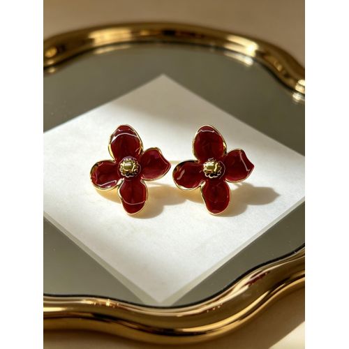 1 Pair Vintage Wine Red Enamel Flower Stud Earrings, 3D Gold Petal Design, Romantic Elegant Vibe, Perfect For Valentine's Dates & Daily Commute