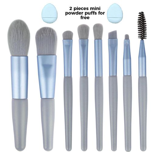 Travel Makeup Brush Set 8 PCS Plus 2-Piece Mini Powder Puffs – Mini Size Premium Synthetic Fiber Brushes for Foundation, Blush, Concealer, Eyebrows, Eyeshadow, Lips – Portable with Storage Bag (Blue Gray)