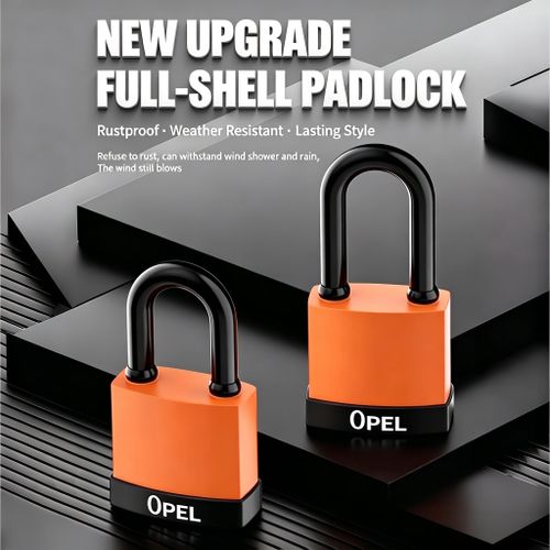 OPEL Long Shackle Waterproof Padlock, PVC Anti-Rust Weather Resistant Key Padlock with Sliding Dustproof Keyhole Cover for Gate, Warehouse & Locker