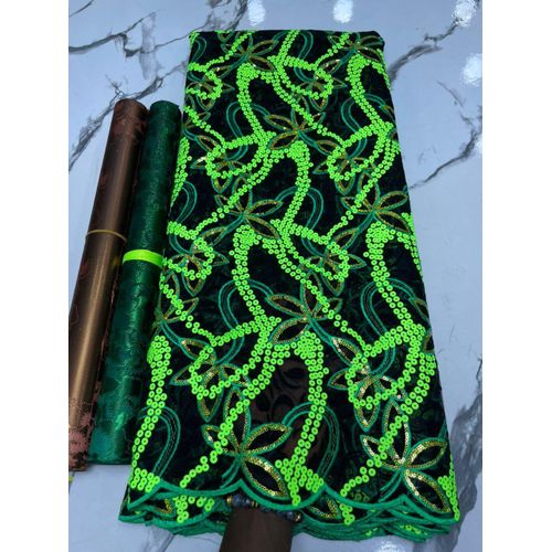 Embroidered Sequin Lace Fabric Black Floral Leaf Design for Asoebi. Lemon and Black velvet sequins lace. 5 yard. No gele